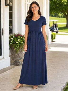 Haomeili Women’s Casual Knit Maxi Dress Blue Size Large NWT Scoop Neck Classic